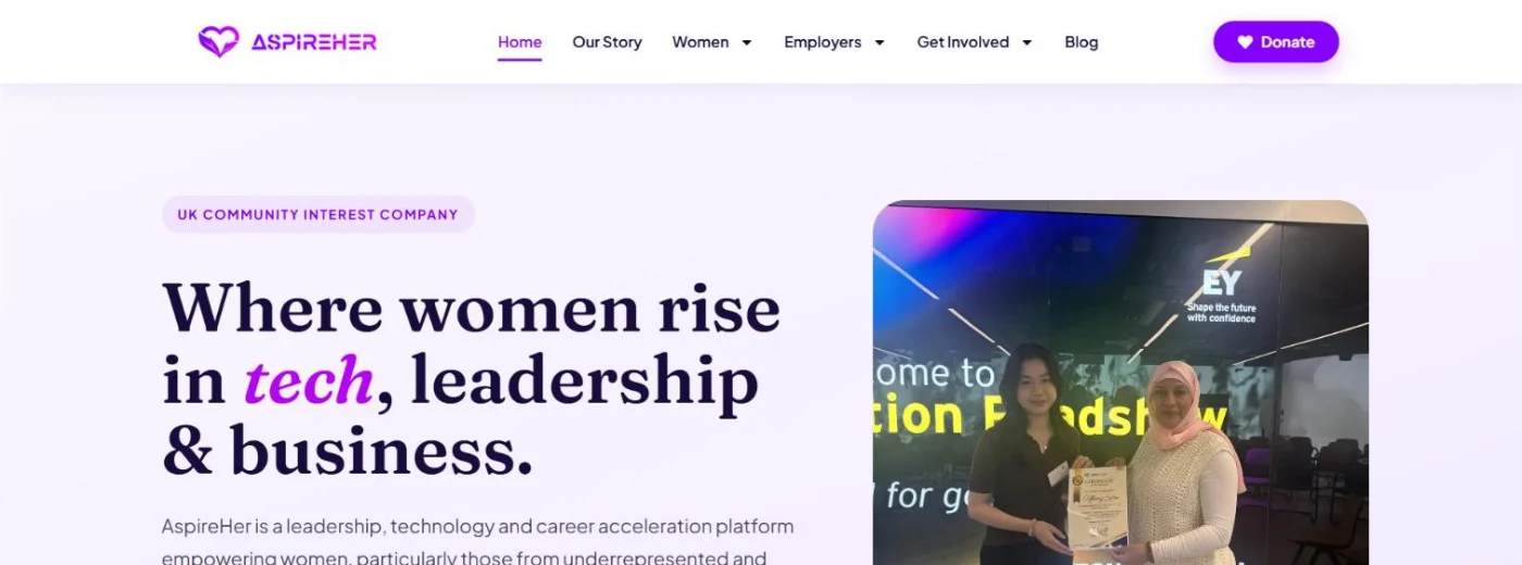 AspireHer homepage after the 2026 redesign, with a clear headline, photo and simple navigation