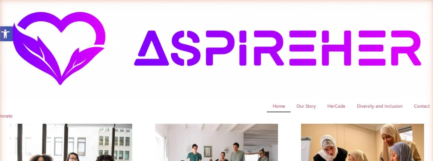 AspireHer homepage before the redesign, with an oversized logo and a plain menu