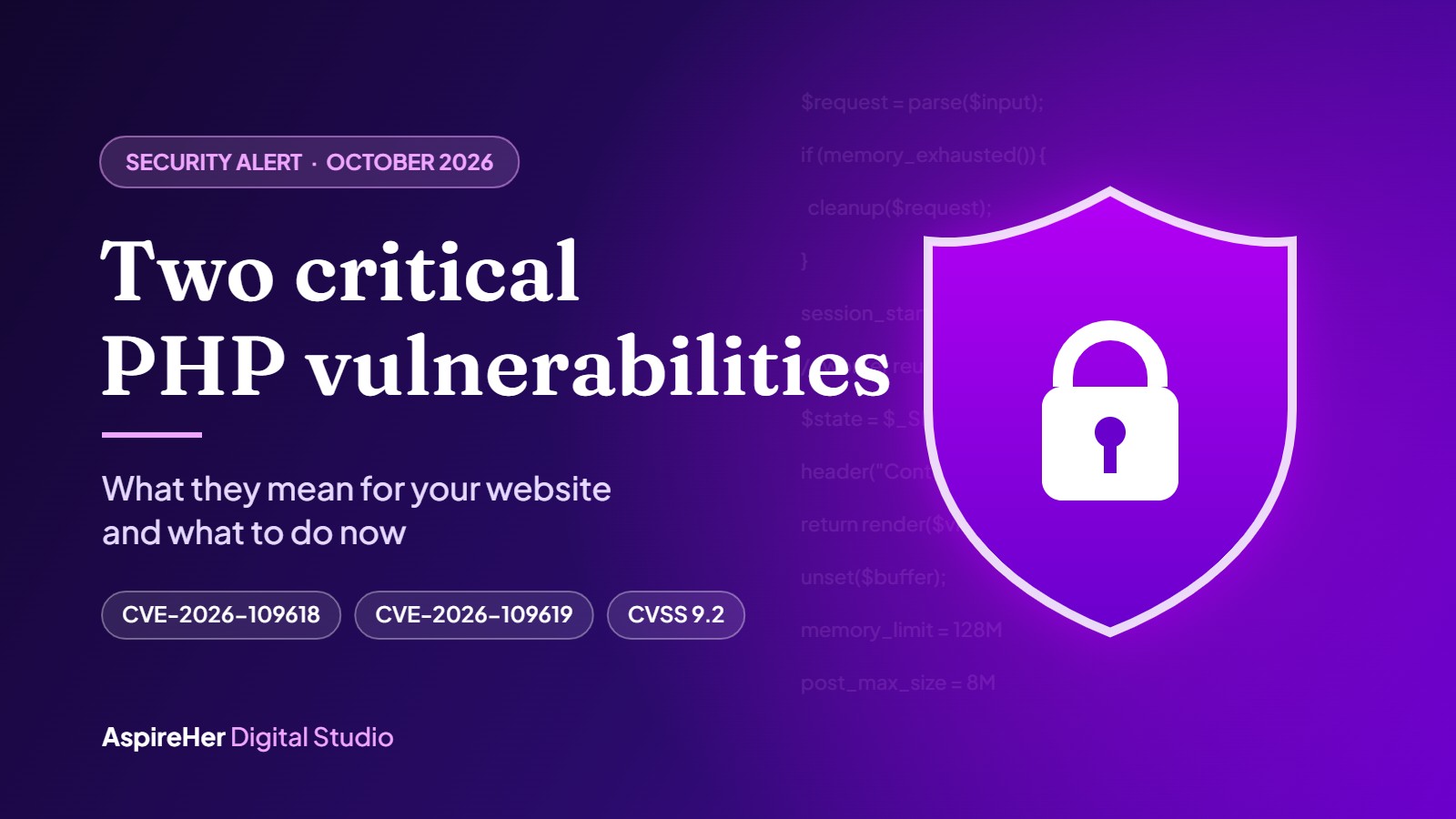 Critical PHP vulnerabilities CVE-2026-109618 and CVE-2026-109619 security alert graphic with a shield and padlock